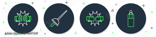 Set line Fencing, Punch boxing gloves, and Punching bag icon. Vector
