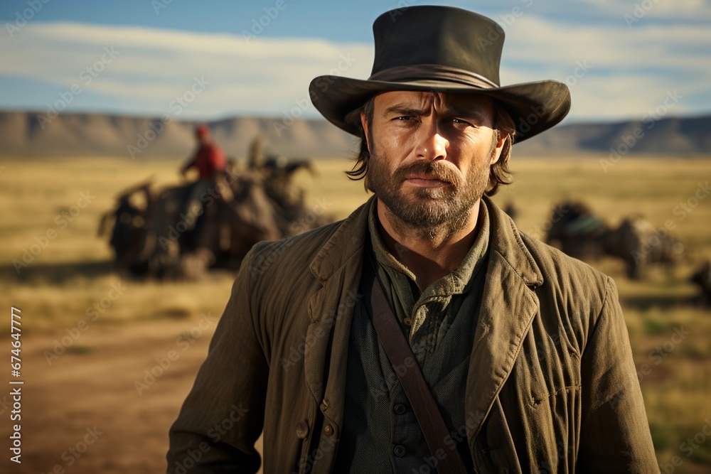 Portrait of mature man in cowboy clothes and hat against the background of wild west rancho. An experienced man with a weathered face looking confidently at camera. Real courageous cowboy.