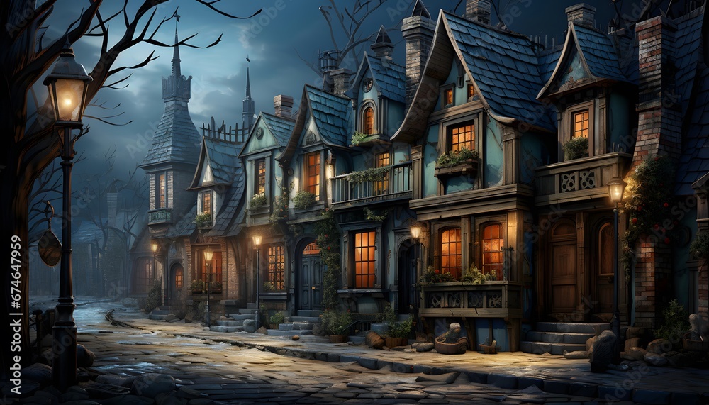 Halloween night scene with haunted house and lanterns. 3D rendering