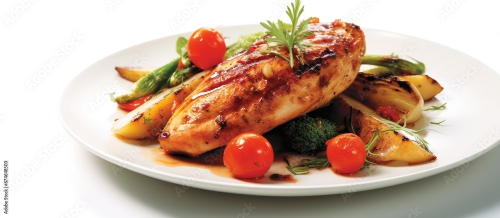 For dinner a healthy grilled chicken dish with a side of vegetables is plated on a white background showcasing the art of cooking and the appeal of nutritious cuisine