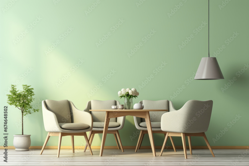 Fototapeta premium Modern Dining Room in Scandinavian Style - Pastel Green Wall and Wooden Furniture
