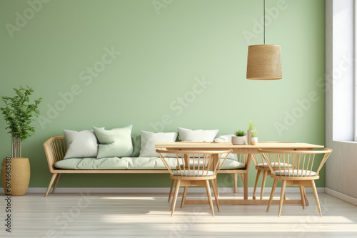 Modern Dining Room in Scandinavian Style - Pastel Green Wall and Wooden Furniture