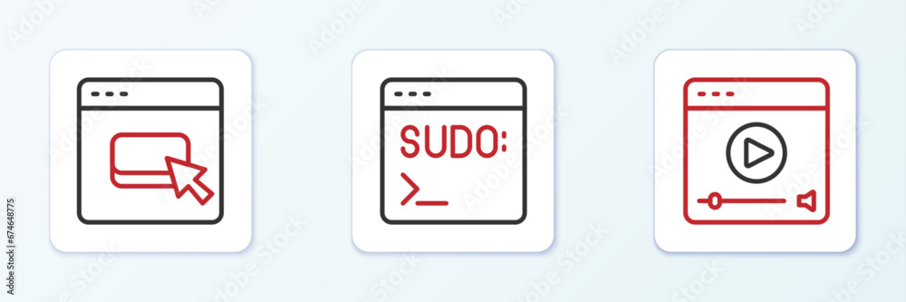 Set line Online play video, Browser files and Code terminal icon. Vector Set line Online play video, Browser files and Code terminal icon. Vector