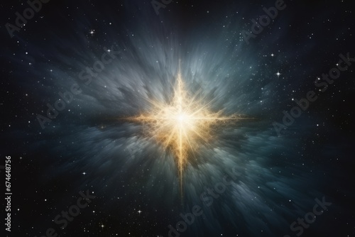 Golden Bethlehem Star Resembling a Cross Radiating Ethereal Light and Smoke against a Starry Night Sky Background