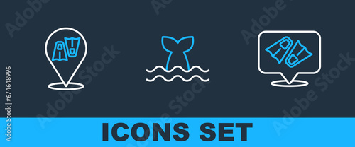 Set line Flippers for swimming, and Whale tail icon. Vector