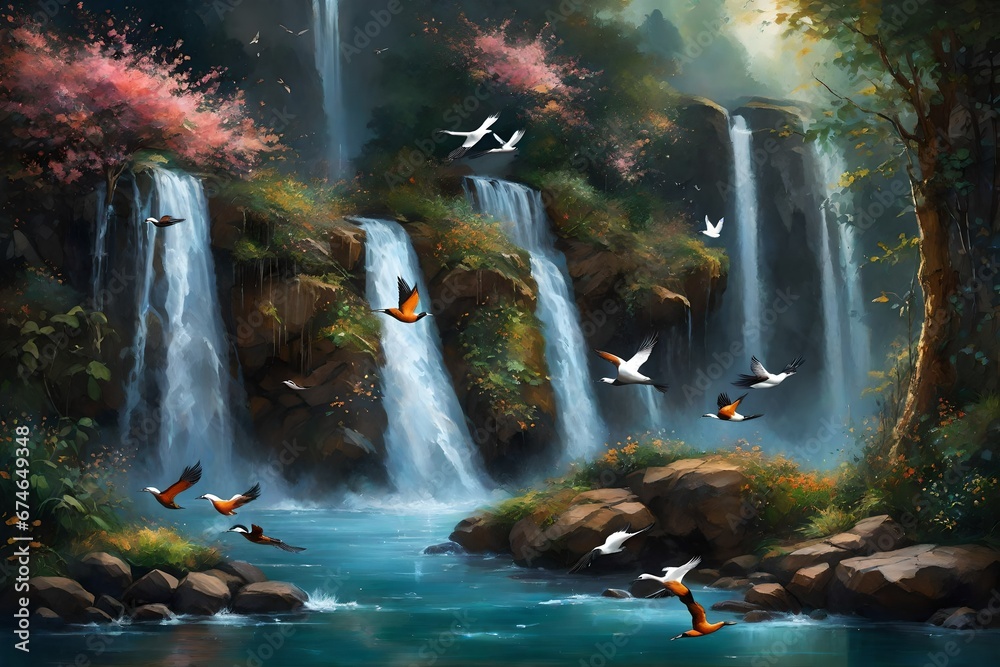 Waterfall, flying birds