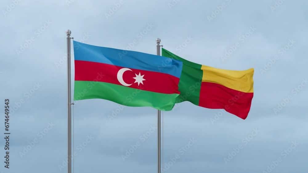 Azerbaijan flag and Benin flag waving together on cloudy sky, endless seamless loop