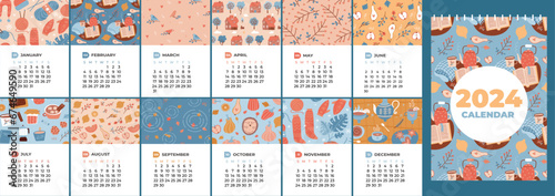 2024 calendar with 12 months sheets design. Vertical a4 a3 size template. Four seasons nature cute cozy patterns. Natural mood. Vector illustration in flat cartoon style. Week starting on Sunday.