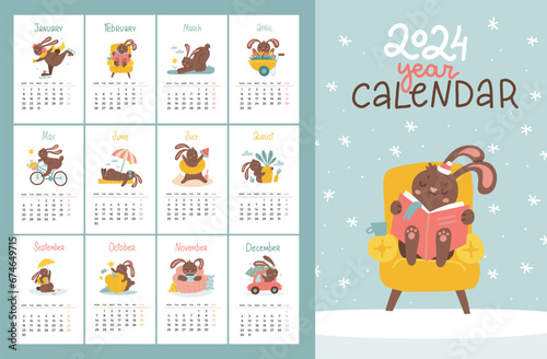 2024 Calendar with cute childish bunny character for seasons activity, planner organizer template. Covers and 12 month pages rabbit mascot. Flat vector hand drawn illustration.