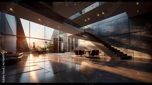 Panorama of the interior of a modern office building. 3d rendering