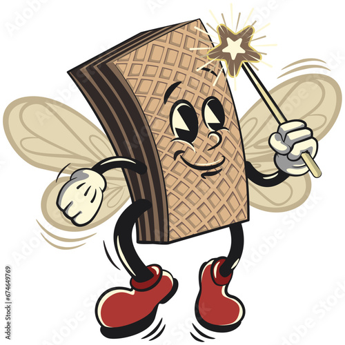 vintage mascot chocolate wafer character with cute face fairy with wings carrying magic wand, isolated cartoon vector illustration. emoticon, cute vintage wafer mascot