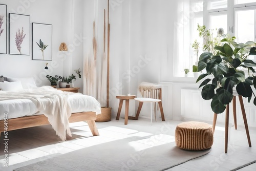 Flowers on wooden stool and pouf in white bedroom interior with posters above bed.