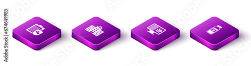 Set Isometric Clinical record pet, Veterinary medicine hospital, on monitor and Pets vial medical icon. Vector