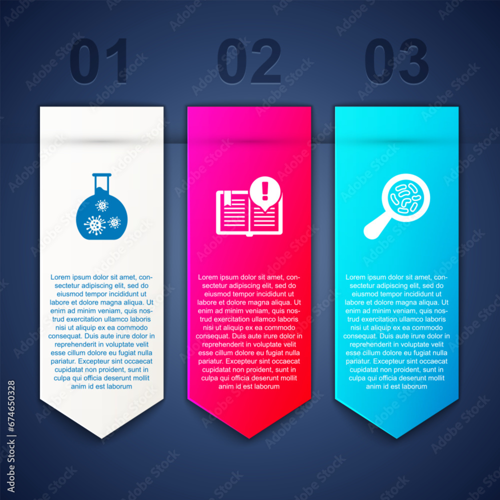 Set Test tube with virus, Interesting facts and Microorganisms under magnifier. Business infographic template. Vector Set Test tube with virus, Interesting facts and Microorganisms under magnifier. Business infographic template. Vector