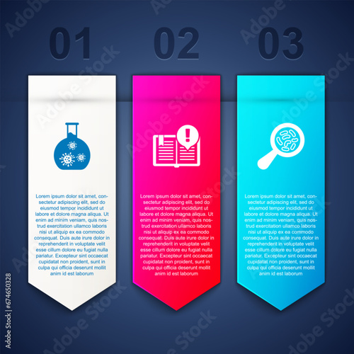 Set Test tube with virus, Interesting facts and Microorganisms under magnifier. Business infographic template. Vector