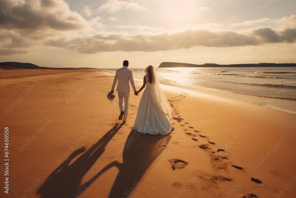 a just married couple walking on the beach: a bride in white dress and a bridegroom in a neat suit holding hands and strolling down the sandy seaside with their backs turned