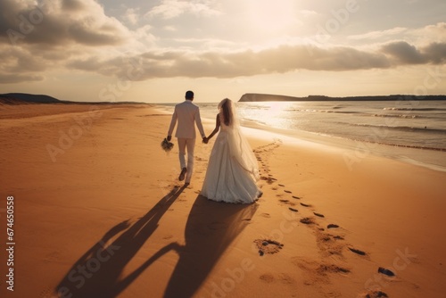 a just married couple walking on the beach: a bride in white dress and a bridegroom in a neat suit holding hands and strolling down the sandy seaside with their backs turned