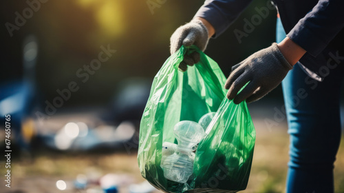 Environmental pollution problem, plastic waste. Volunteers collect trash in bags, clean up in the national park, and take care of nature. Ecology concept.