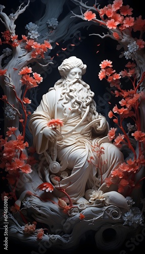 Chinese porcelain statue on black background with red flowers in the foreground