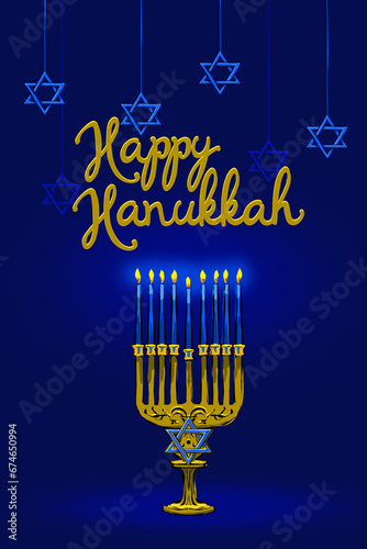 dark-blue vertical Greeting card for Hanukkah with lettering and Menora