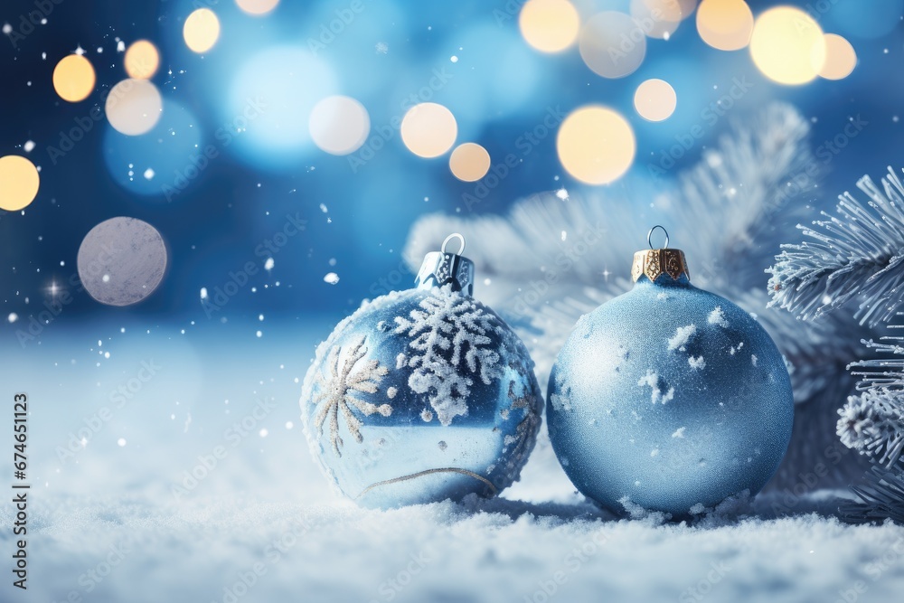 Blue Christmas balls on a snowy background, with bokeh. Generative AI Blue Christmas balls on a snowy background, with bokeh. Generative AI