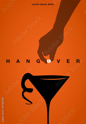 A hand holds a pill and puts it in a cocktail, Hangover EPS poster vector illustration
