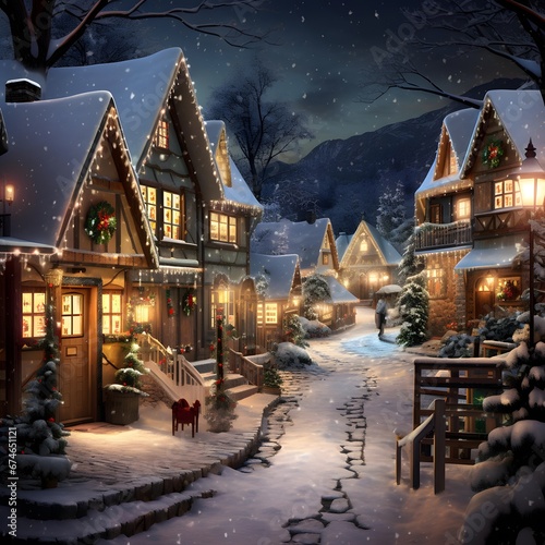 Christmas night in the village. Christmas and New Year holidays background.