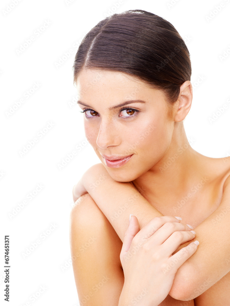 Skincare, portrait and woman in studio for body care, wellness or glowing skin treatment on white background. Beauty, face and female model with natural cosmetics results, dermatology or satisfaction