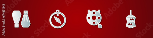 Set Rubber flippers for swimming, Compass, Spinning reel fishing and Fishing net with icon. Vector