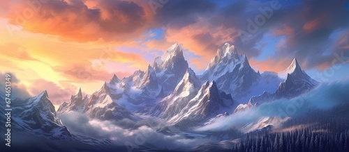 At a low angle the setting sun painted the mountain peaks with a vibrant palette of white blue and various colors casting a magical glow upon the snow covered slopes while the sky and clouds © TheWaterMeloonProjec