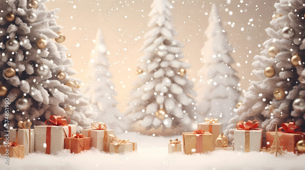 Christmas background, Christmas concept, Christmas tree with gift boxes and baubles