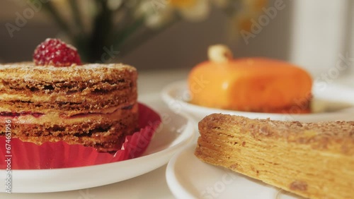 Wallpaper Mural Sweet cakes on table in cafeteria close up. Torontodigital.ca