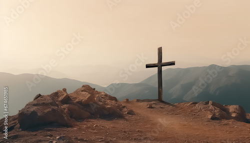 Wooden cross on the top of the mountain on New Year's Eve or Christmas © terra.incognita