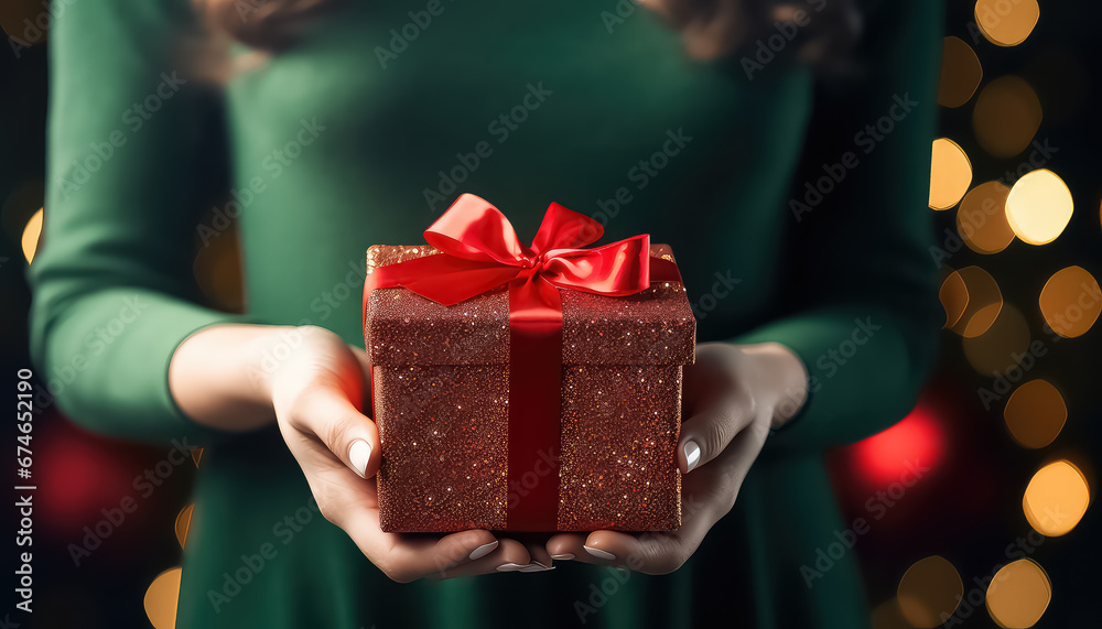 Hands holding a green gift with a ribbon on New Year's Eve or Christmas