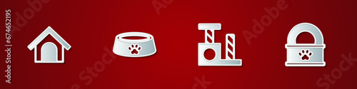 Set Dog house, Pet food bowl, Cat scratching post and Canned icon. Vector