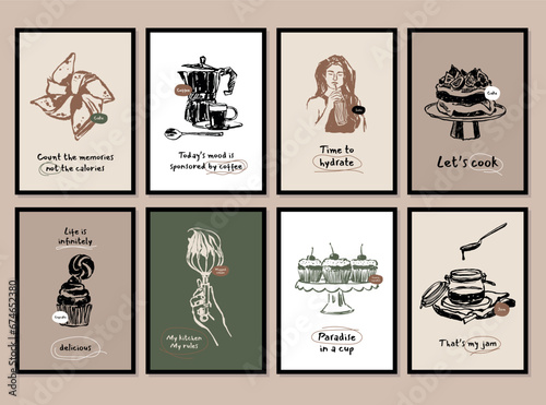 Minimalist hand drawn food and drink vector illustration collection. Art for for postcards, branding, logo design, background.