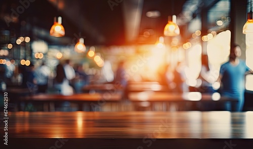Blurred background. Retro cafe bar in modern decor. Bokeh ambiance. Abstract urban dining lifestyle at night. Vintage wooden counter. Bar design
