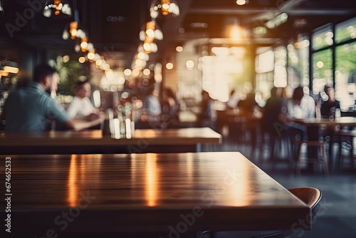 Blurred background. Retro cafe bar in modern decor. Bokeh ambiance. Abstract urban dining lifestyle at night. Vintage wooden counter. Bar design