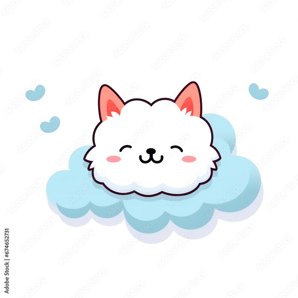 Happy white cat face on the backdrop of blue cloud isolated on white background, cartoon style.