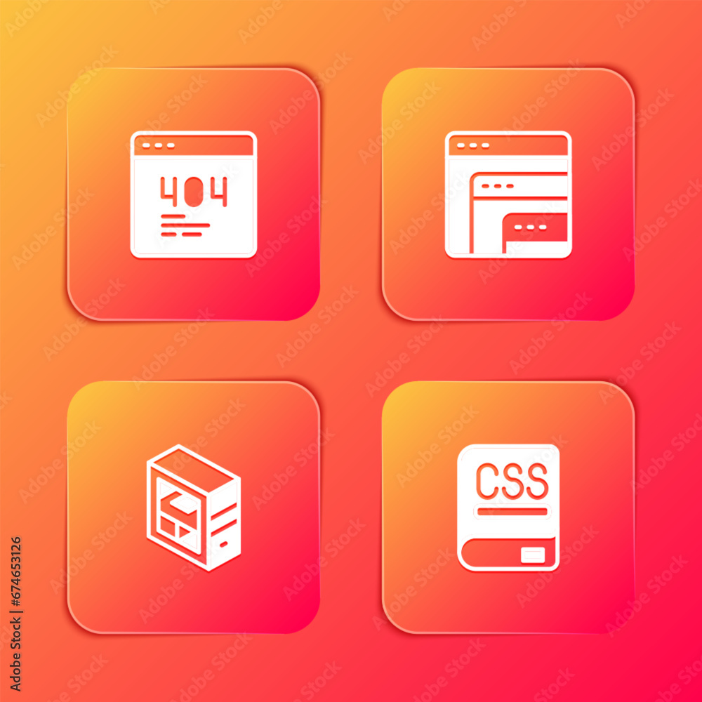 Set Page with a 404 error, Software, Computer and Books about programming icon. Vector Set Page with a 404 error, Software, Computer and Books about programming icon. Vector