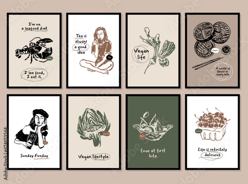 Minimalist hand drawn food and drink vector illustration collection. Art for for postcards, branding, logo design, background.