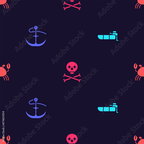 Set Inflatable boat with motor, Anchor, Skull on crossbones and Crab on seamless pattern. Vector