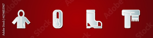Set Raincoat, Thermometer, Waterproof rubber boot and Winter scarf icon. Vector