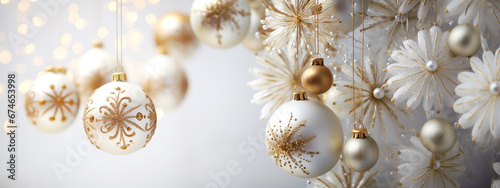 Glittering christmas ornaments on white background: A celebration of culture and holiday spirit. With copyspace.