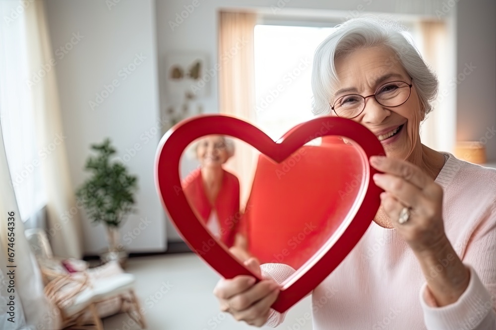 Portrait of happy senior woman holding red heart in hands at home, ai generative