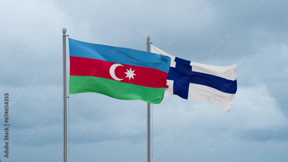 Finland flag and Azerbaijan flag waving together on cloudy sky, endless seamless loop, two country relations concept Finland flag and Azerbaijan flag waving together on cloudy sky, endless seamless loop, two country relations concept