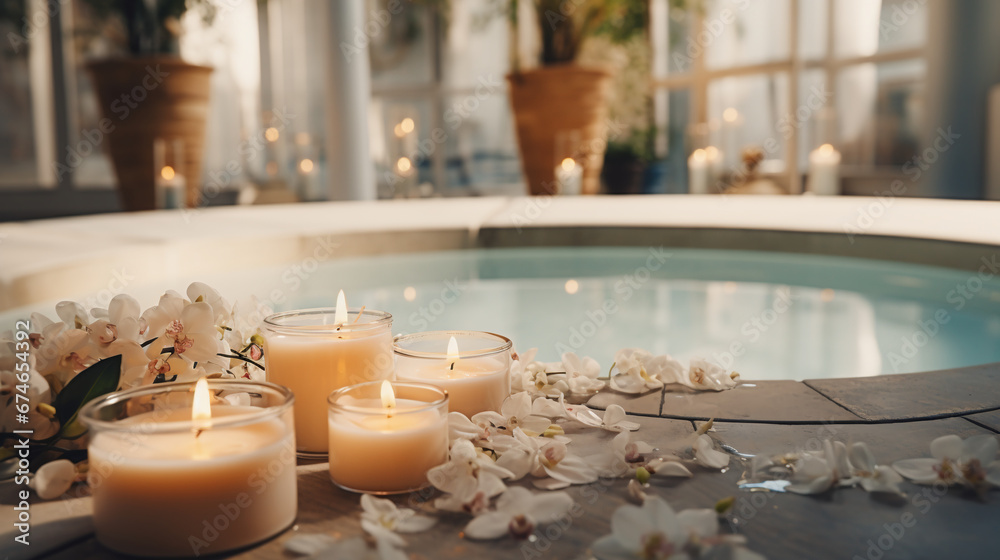 Aesthetically Pleasing Spa Salon Background: Featuring a Relaxing Pool, Orchid Flowers, Candles, and the Blissful Atmosphere of Tranquility