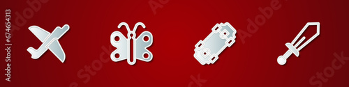 Set Toy plane, Butterfly, Skateboard and Sword toy icon. Vector