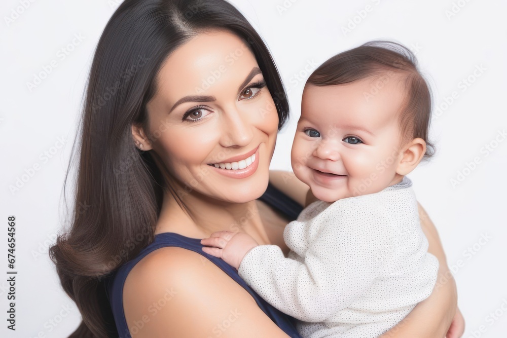 Beautiful young smiling mom hugs happy baby. Concept of family love and happiness. Generative AI Beautiful young smiling mom hugs happy baby. Concept of family love and happiness. Generative AI