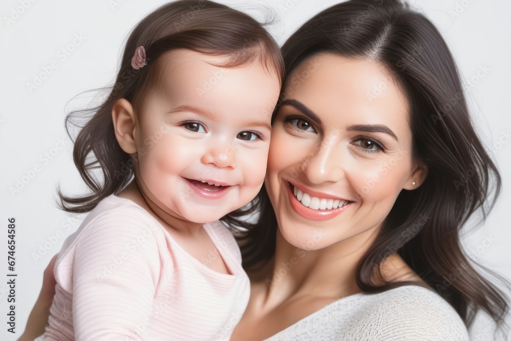 Beautiful young smiling mom hugs happy baby. Concept of family love and happiness. Generative AI